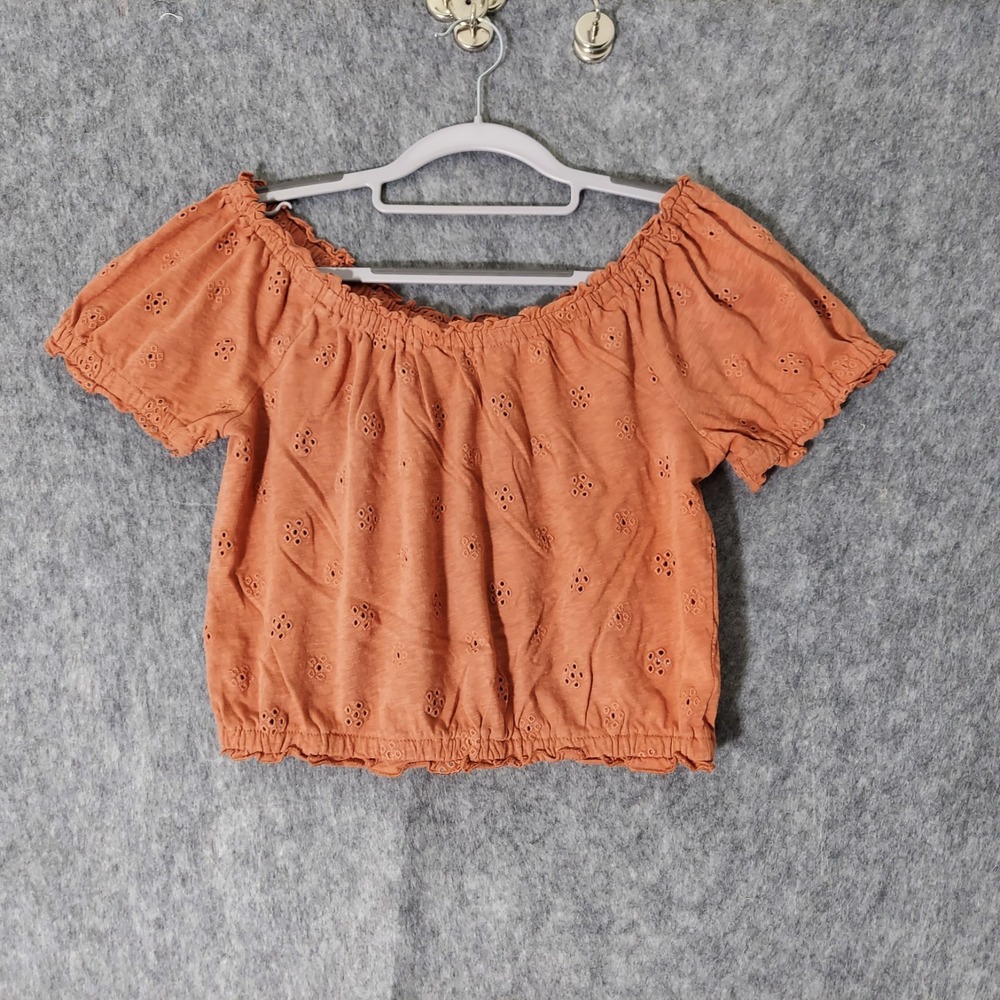 American Eagle Top Womens XS Orange Eyelet Crop Off Shoulder Boho Peasant Blouse